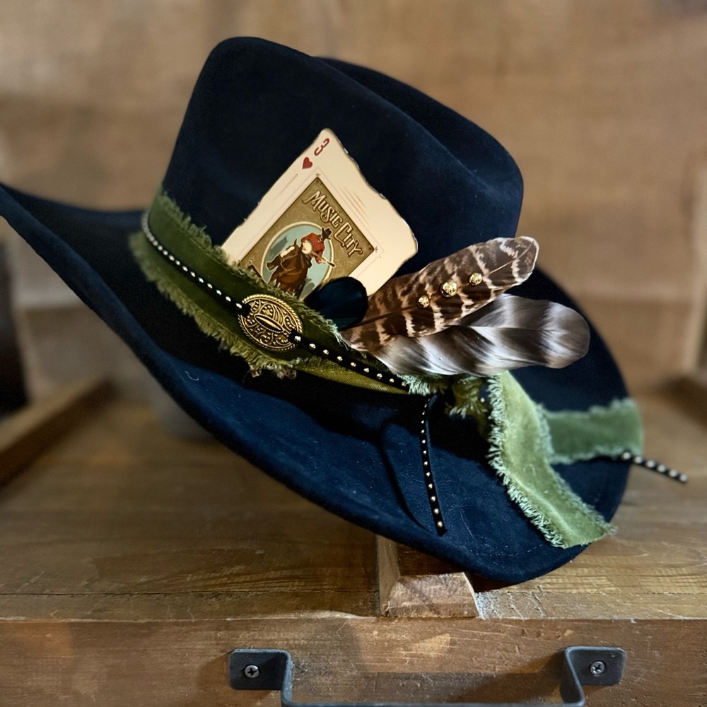 Black Festival Hat with Olive Ribbon and Western Accents